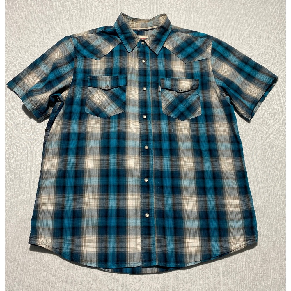 Levis Mens Western Pearl Snap Shirt Blue Plaid Short Sleeve Size M 3LMSW060CC
